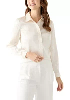 Women's Satin Button Front Long Sleeve Blouse