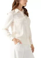 Women's Satin Button Front Long Sleeve Blouse