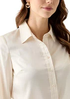 Women's Satin Button Front Long Sleeve Blouse