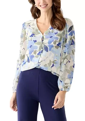 Women's Floral Print Button Front Blouse with Blouson Sleeves