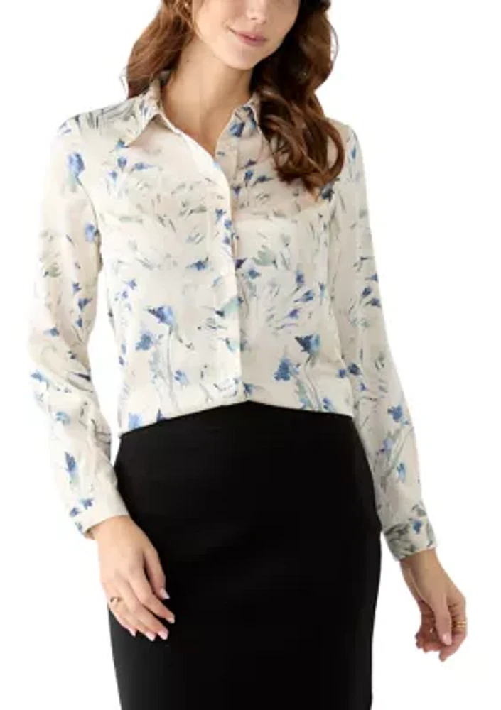 Petite Floral Print Button Front Long Sleeve Blouse