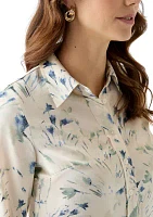 Petite Floral Print Button Front Long Sleeve Blouse