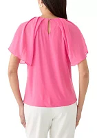 Women's Mixed Media Flutter Sleeve Knit Top