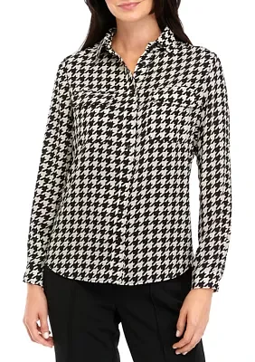 Petite Long Sleeve Houndstooth Print Shirt