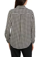 Petite Long Sleeve Houndstooth Print Shirt