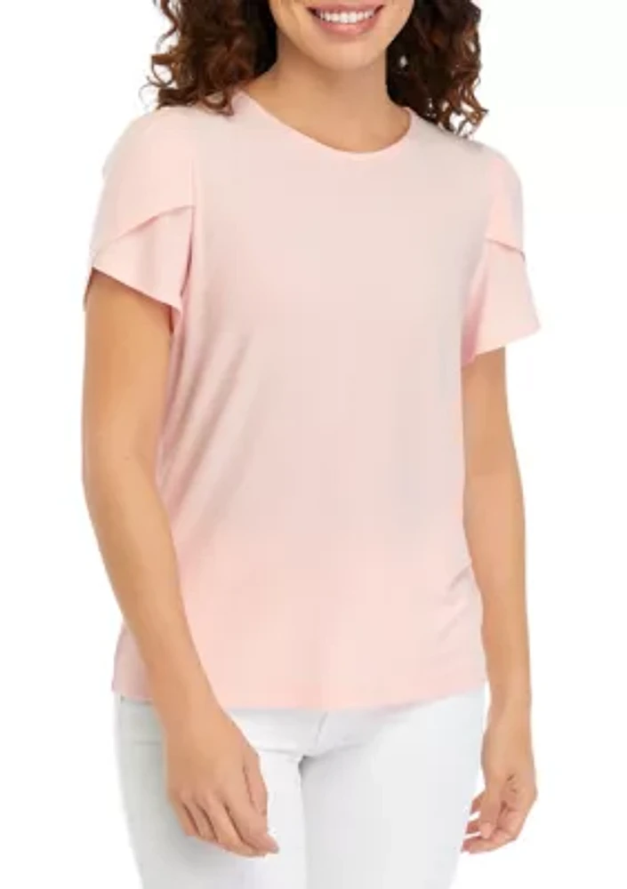 Petite Solid Short Gathered Tulip Sleeve Top