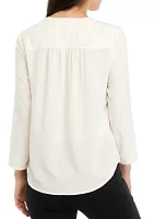 Petite 3/4 Sleeve V-Neck Pleat Front Tunic Top