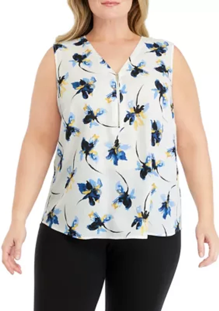 Plus Sleeveless V-Neck Half Zip Blouse