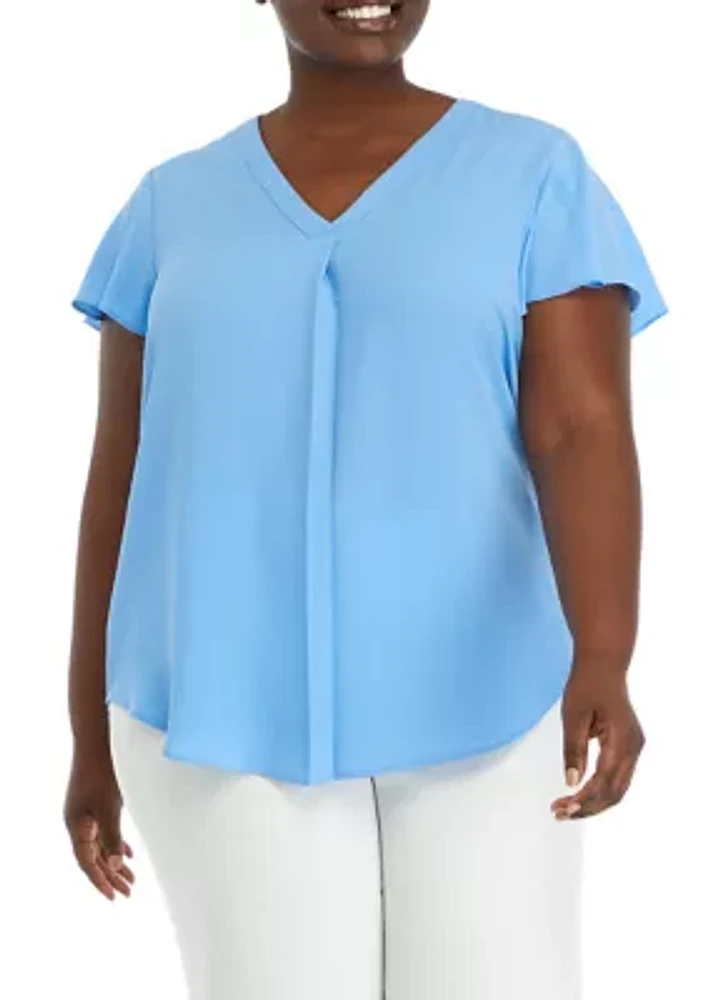 Plus V-Neck Pleat Front Top