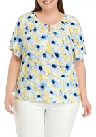 Plus Printed Peasant Top with Keyhole