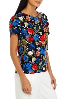 Petite Printed Short Gathered Tulip Sleeve Top