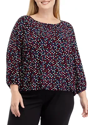 Plus Printed 3/4 Sleeve Shirred Peasant Top with Elastic Hem