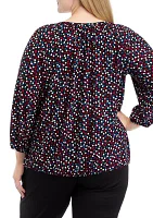 Plus Printed 3/4 Sleeve Shirred Peasant Top with Elastic Hem