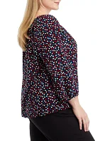 Plus Printed 3/4 Sleeve Shirred Peasant Top with Elastic Hem