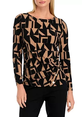 Petite Printed Long Sleeve Front Ruched Top with Rivets