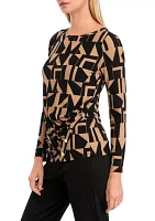 Petite Printed Long Sleeve Front Ruched Top with Rivets