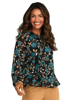 Petite Long Sleeve 2 Tier Ruffle Neck Blouse