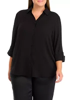 Plus 3/4 Sleeve Button Front Top