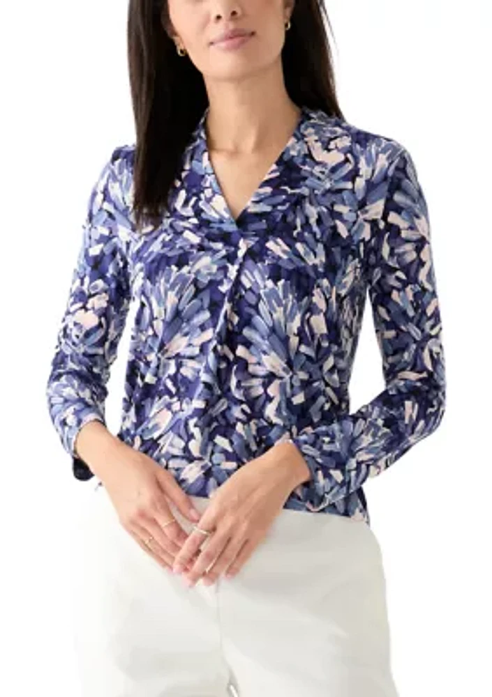 Women's Long Sleeve Printed Ruffle V-Neck Top