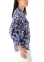 Women's Long Sleeve Printed Ruffle V-Neck Top