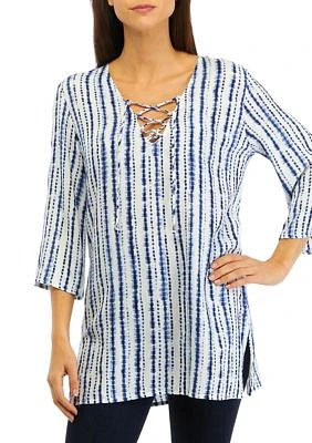 3/4 Sleeve Dyed Lace Up Tunic Swim Cover