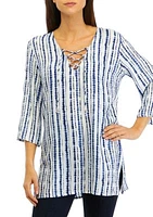 3/4 Sleeve Dyed Lace Up Tunic Swim Cover