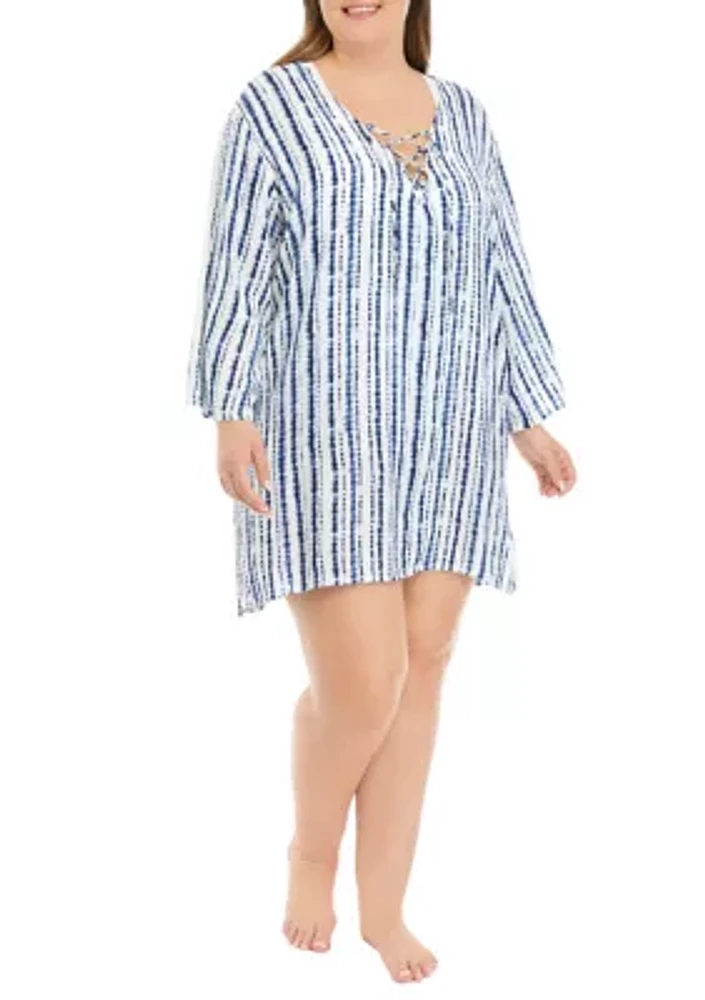 Plus Long Sleeve Dyed Lace Up Tunic Swim Cover