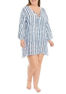 Plus Long Sleeve Dyed Lace Up Tunic Swim Cover