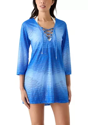 3/4 Sleeve Solid Ombré Lace Up Sheer Swim Cover