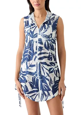 Sleeveless Printed Foliage Full Zip Hooded Swim Cover Up