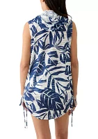 Sleeveless Printed Foliage Full Zip Hooded Swim Cover Up