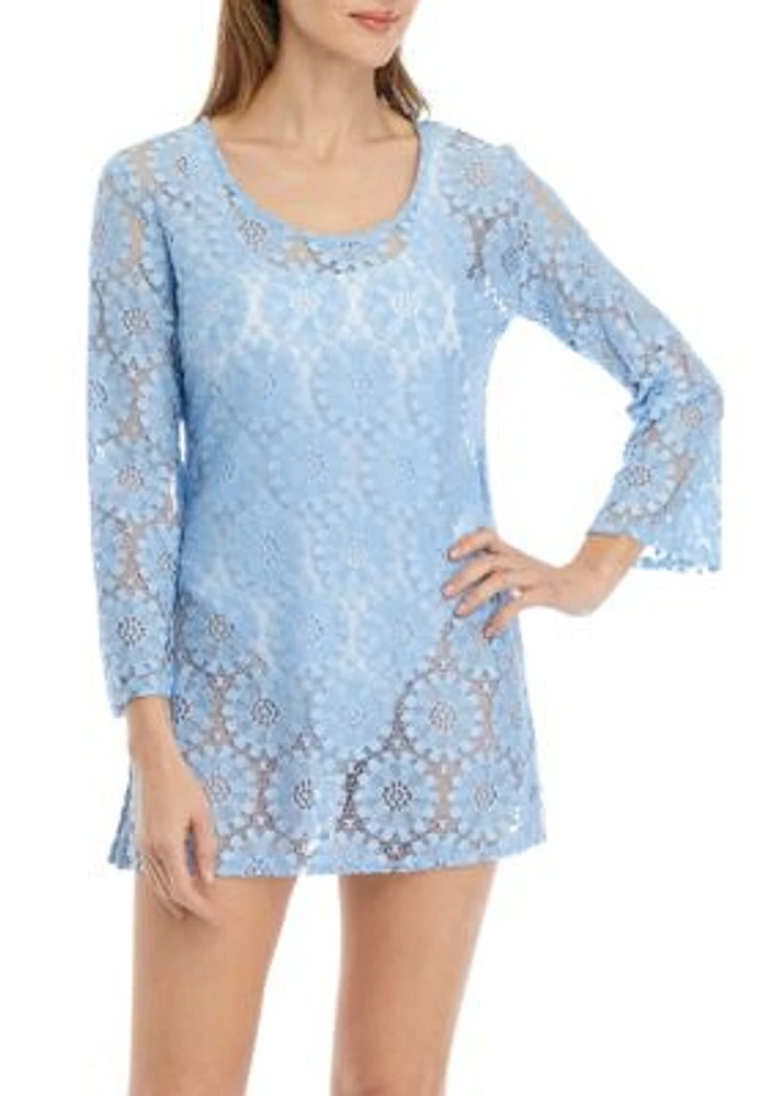 Long Sleeve Floral Cutout Swim Cover-Up Tunic