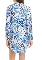 Palm Printed Button Front Swim Cover Up