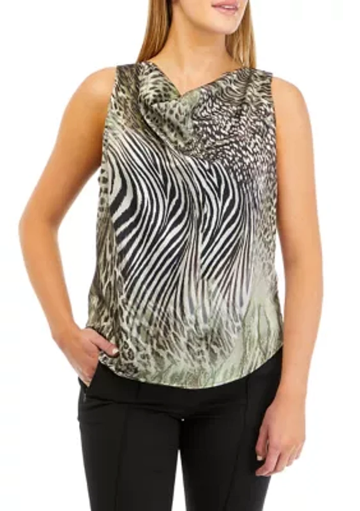 Women's Sleeveless Tiger Print Cowl Neck Satin Blouse