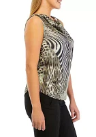 Women's Sleeveless Tiger Print Cowl Neck Satin Blouse