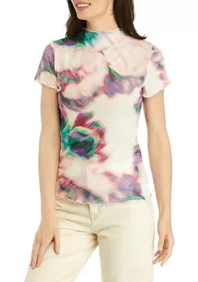 Women's Short Sleeve Placed Floral Mock Neck Knit Top