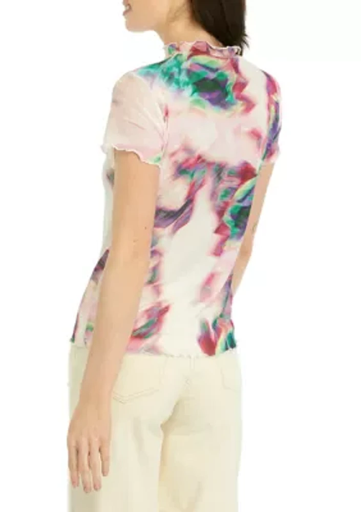 Women's Short Sleeve Placed Floral Mock Neck Knit Top