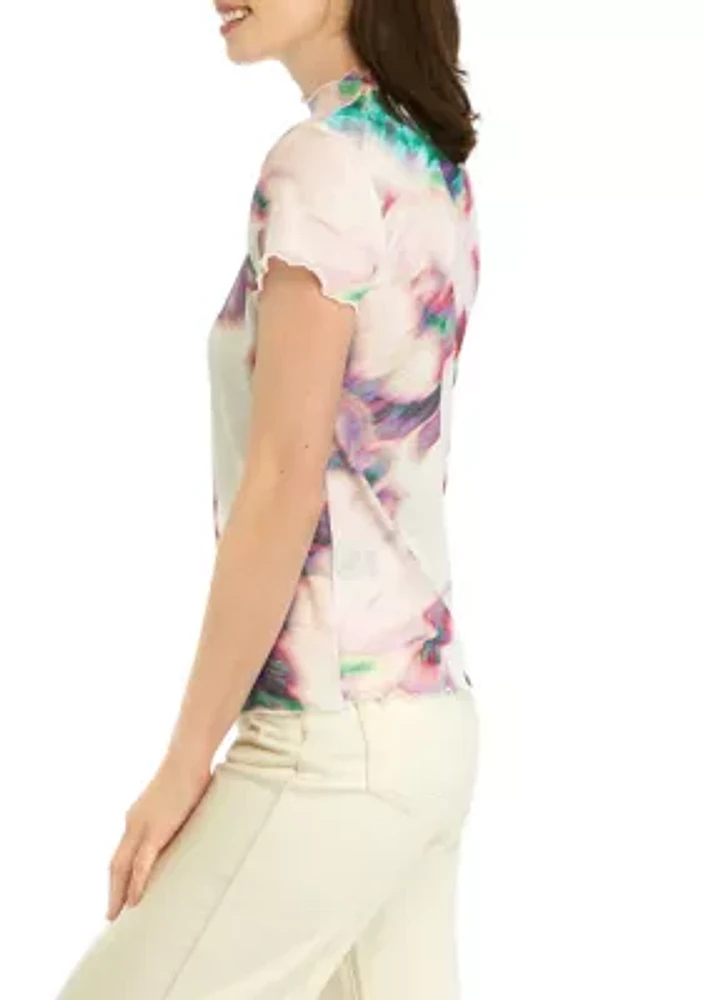 Women's Short Sleeve Placed Floral Mock Neck Knit Top