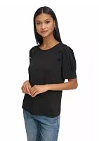 Women's Short Puff Sleeve Button Shoulder Knit Top