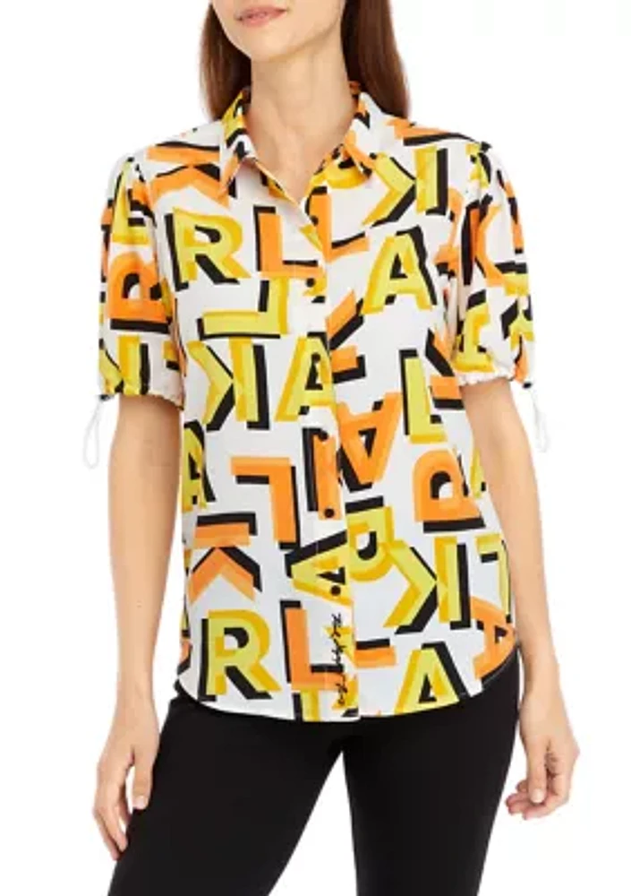 Women's Short Tie Sleeve Printed Blouse