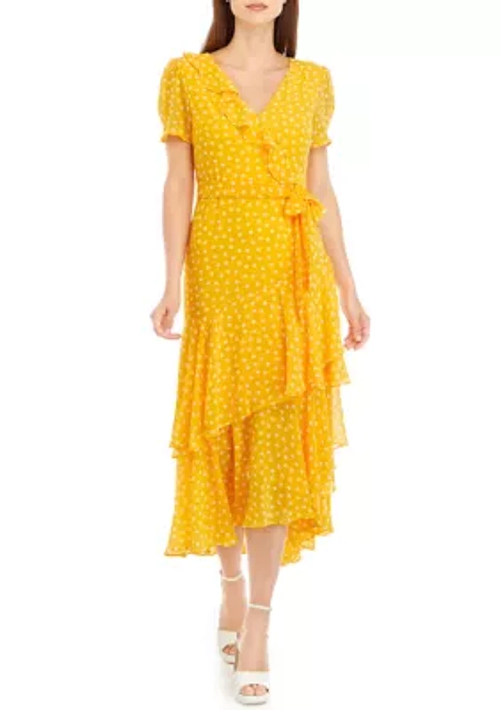 Women's Short Sleeve Dot Ruffle Midi Dress