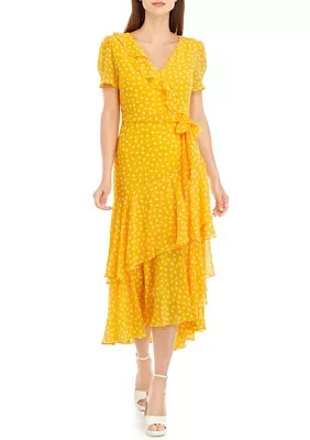 Women's Short Sleeve Dot Ruffle Midi Dress