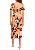 Women's Puff Sleeve Block Print Midi Dress