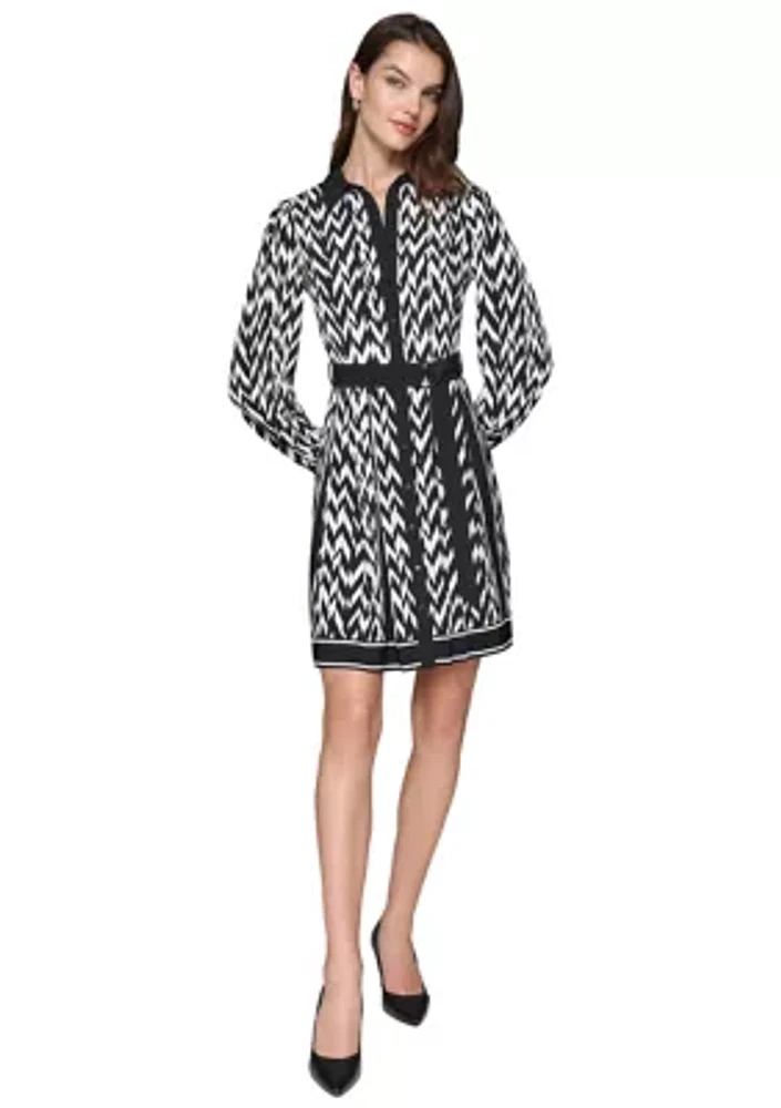 Women's Long Sleeve Tie Waist Chevron Shirtdress