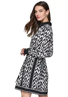 Women's Long Sleeve Tie Waist Chevron Shirtdress