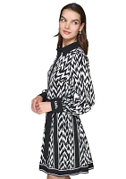 Women's Long Sleeve Tie Waist Chevron Shirtdress