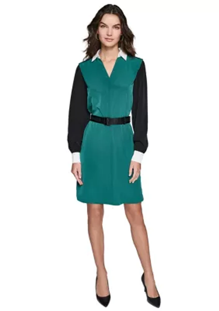 Women's Long Sleeve Belted Color Block Dress