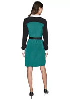 Women's Long Sleeve Belted Color Block Dress