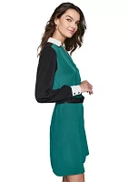 Women's Long Sleeve Belted Color Block Dress