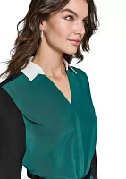 Women's Long Sleeve Belted Color Block Dress